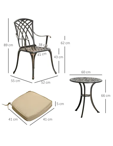 Outsunny 3pc Cast Aluminium Garden Bistro Set for 2 with Parasol Hole, Outdoor Coffee Table Set Rust Resistant with Cushions, Br