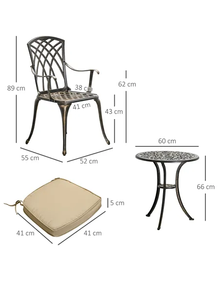 Outsunny 3pc Cast Aluminium Garden Bistro Set for 2 with Parasol Hole, Outdoor Coffee Table Set Rust Resistant with Cushions, Br