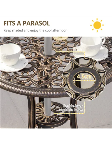 Outsunny 3pc Cast Aluminium Garden Bistro Set for 2 with Parasol Hole, Outdoor Coffee Table Set Rust Resistant with Cushions, Br