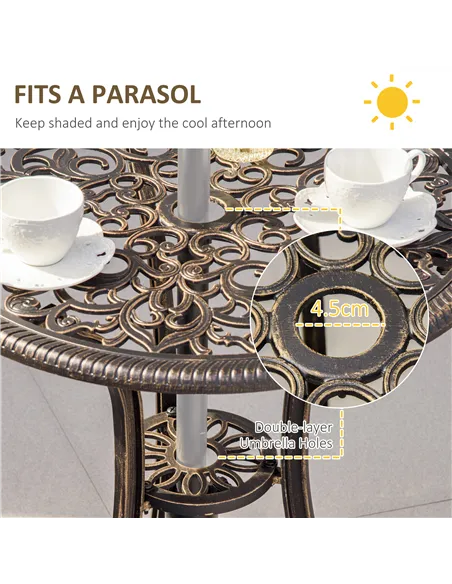 Outsunny 3pc Cast Aluminium Garden Bistro Set for 2 with Parasol Hole, Outdoor Coffee Table Set Rust Resistant with Cushions, Br