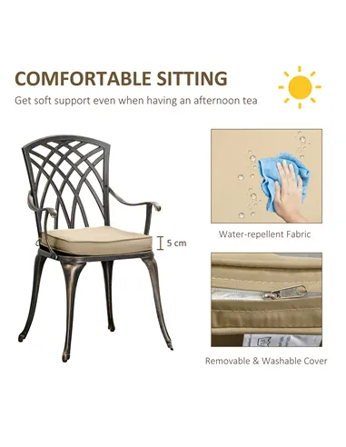 Outsunny 3pc Cast Aluminium Garden Bistro Set for 2 with Parasol Hole, Outdoor Coffee Table Set Rust Resistant with Cushions, Br