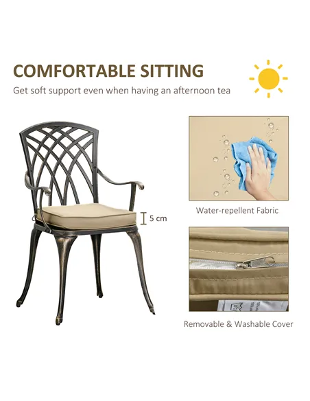 Outsunny 3pc Cast Aluminium Garden Bistro Set for 2 with Parasol Hole, Outdoor Coffee Table Set Rust Resistant with Cushions, Br