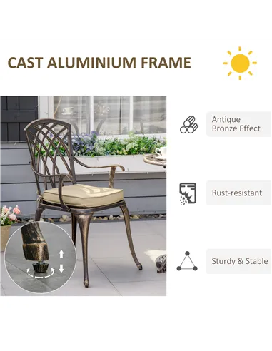 Outsunny 3pc Cast Aluminium Garden Bistro Set for 2 with Parasol Hole, Outdoor Coffee Table Set Rust Resistant with Cushions, Br