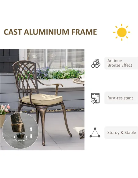 Outsunny 3pc Cast Aluminium Garden Bistro Set for 2 with Parasol Hole, Outdoor Coffee Table Set Rust Resistant with Cushions, Br