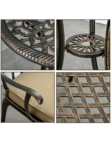 Outsunny 3pc Cast Aluminium Garden Bistro Set for 2 with Parasol Hole, Outdoor Coffee Table Set Rust Resistant with Cushions, Br