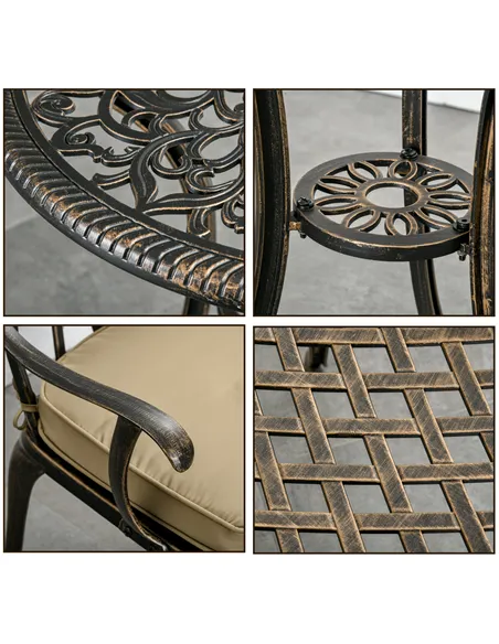 Outsunny 3pc Cast Aluminium Garden Bistro Set for 2 with Parasol Hole, Outdoor Coffee Table Set Rust Resistant with Cushions, Br