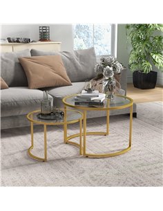 HOMCOM Coffee Table Set of 2, Modern Nest of Tables with Tempered Glass Top, Steel Frame for Living Room, Gold Tone 2
