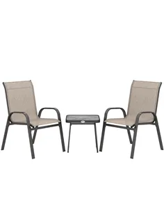 Outsunny 3 Pieces Outdoor Bistro Set, Patio Stackable Armchairs with Breathable Mesh Fabric and SPC Board Coffee Table, Brown