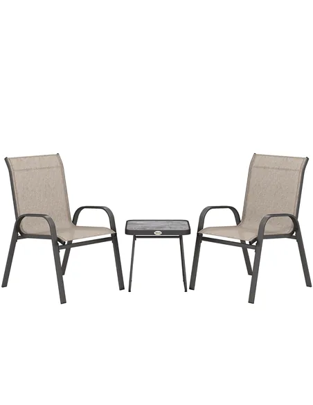 Outsunny 3 Pieces Outdoor Bistro Set, Patio Stackable Armchairs with Breathable Mesh Fabric and SPC Board Coffee Table, Brown