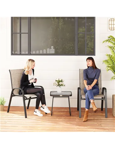 Outsunny 3 Pieces Outdoor Bistro Set, Patio Stackable Armchairs with Breathable Mesh Fabric and SPC Board Coffee Table, Brown