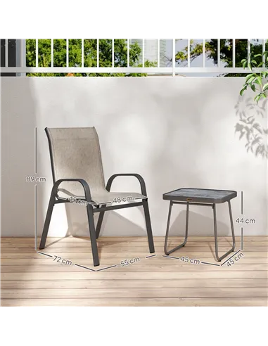 Outsunny 3 Pieces Outdoor Bistro Set, Patio Stackable Armchairs with Breathable Mesh Fabric and SPC Board Coffee Table, Brown