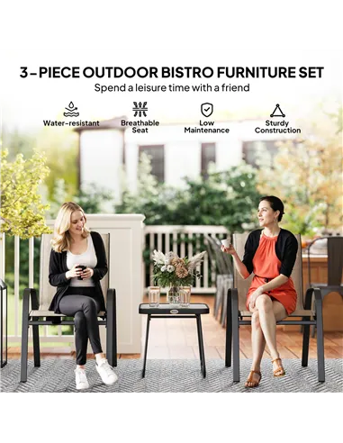 Outsunny 3 Pieces Outdoor Bistro Set, Patio Stackable Armchairs with Breathable Mesh Fabric and SPC Board Coffee Table, Brown