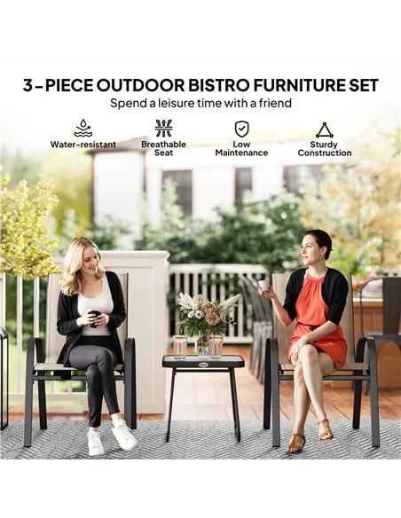 Outsunny 3 Pieces Outdoor Bistro Set, Patio Stackable Armchairs with Breathable Mesh Fabric and SPC Board Coffee Table, Brown