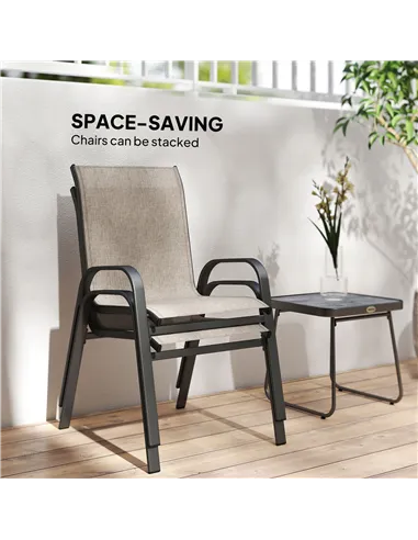 Outsunny 3 Pieces Outdoor Bistro Set, Patio Stackable Armchairs with Breathable Mesh Fabric and SPC Board Coffee Table, Brown