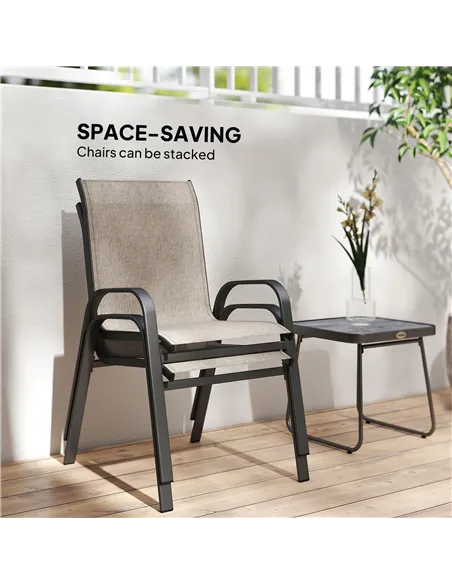 Outsunny 3 Pieces Outdoor Bistro Set, Patio Stackable Armchairs with Breathable Mesh Fabric and SPC Board Coffee Table, Brown