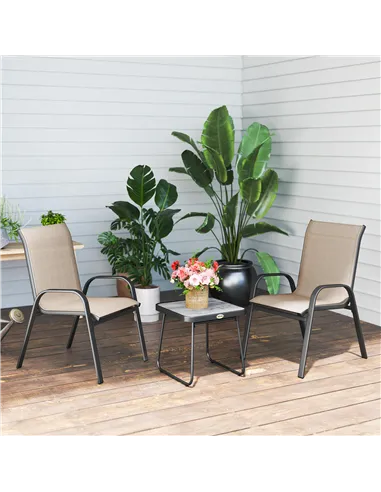 Outsunny 3 Pieces Outdoor Bistro Set, Patio Stackable Armchairs with Breathable Mesh Fabric and SPC Board Coffee Table, Brown