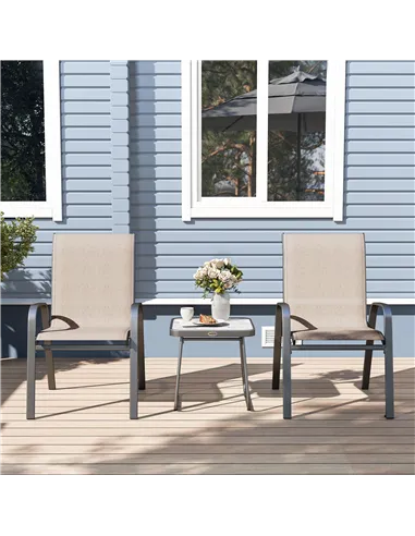 Outsunny 3 Pieces Outdoor Bistro Set, Patio Stackable Armchairs with Breathable Mesh Fabric and SPC Board Coffee Table, Brown