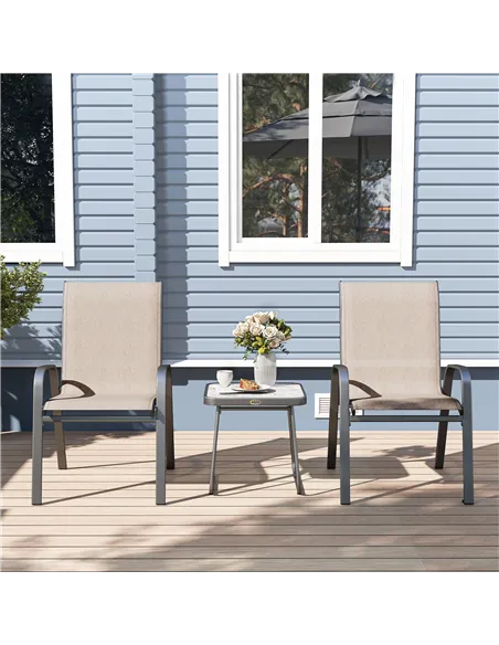 Outsunny 3 Pieces Outdoor Bistro Set, Patio Stackable Armchairs with Breathable Mesh Fabric and SPC Board Coffee Table, Brown