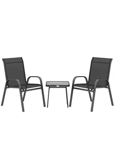 Outsunny 3 Pieces Outdoor Bistro Set, Patio Stackable Armchairs with Breathable Mesh Fabric and SPC Board Coffee Table, Black