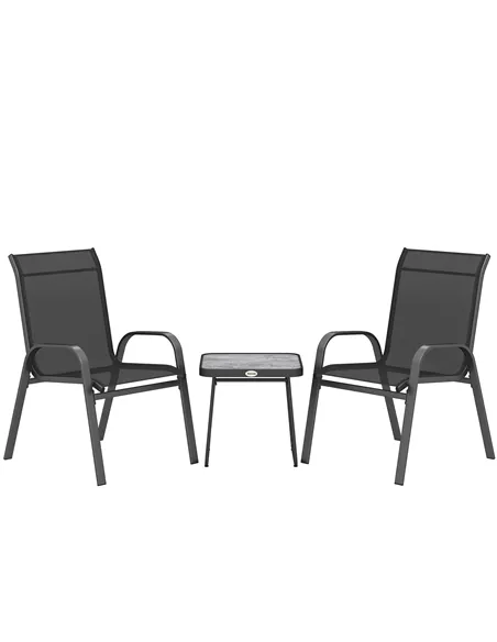 Outsunny 3 Pieces Outdoor Bistro Set, Patio Stackable Armchairs with Breathable Mesh Fabric and SPC Board Coffee Table, Black