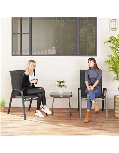 Outsunny 3 Pieces Outdoor Bistro Set, Patio Stackable Armchairs with Breathable Mesh Fabric and SPC Board Coffee Table, Black