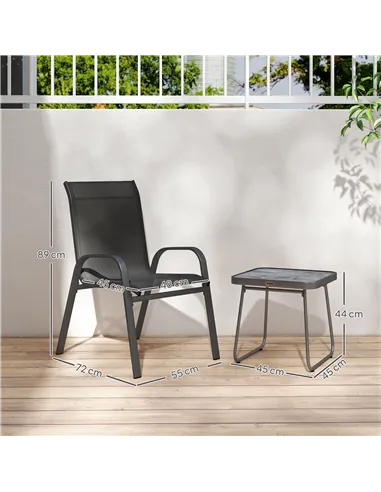 Outsunny 3 Pieces Outdoor Bistro Set, Patio Stackable Armchairs with Breathable Mesh Fabric and SPC Board Coffee Table, Black