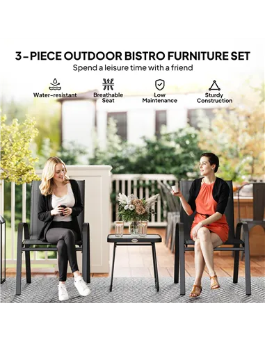Outsunny 3 Pieces Outdoor Bistro Set, Patio Stackable Armchairs with Breathable Mesh Fabric and SPC Board Coffee Table, Black