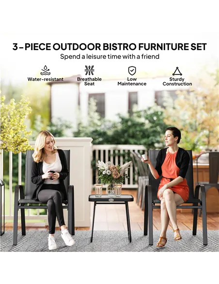 Outsunny 3 Pieces Outdoor Bistro Set, Patio Stackable Armchairs with Breathable Mesh Fabric and SPC Board Coffee Table, Black