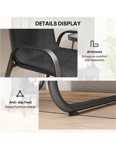 Outsunny 3 Pieces Outdoor Bistro Set, Patio Stackable Armchairs with Breathable Mesh Fabric and SPC Board Coffee Table, Black