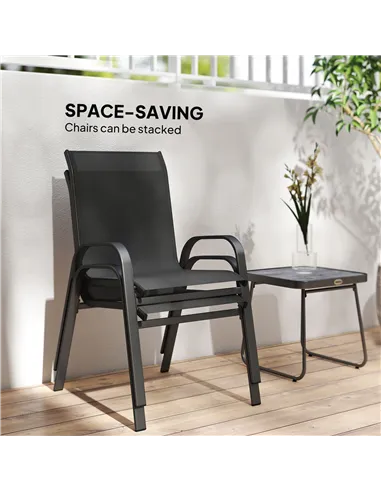 Outsunny 3 Pieces Outdoor Bistro Set, Patio Stackable Armchairs with Breathable Mesh Fabric and SPC Board Coffee Table, Black