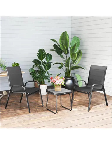 Outsunny 3 Pieces Outdoor Bistro Set, Patio Stackable Armchairs with Breathable Mesh Fabric and SPC Board Coffee Table, Black