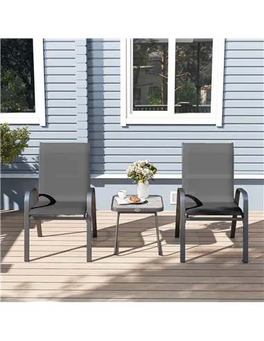 Outsunny 3 Pieces Outdoor Bistro Set, Patio Stackable Armchairs with Breathable Mesh Fabric and SPC Board Coffee Table, Black