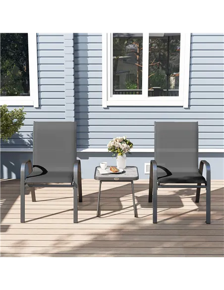 Outsunny 3 Pieces Outdoor Bistro Set, Patio Stackable Armchairs with Breathable Mesh Fabric and SPC Board Coffee Table, Black
