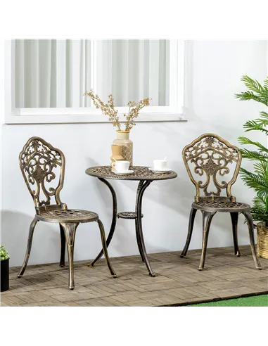 Outsunny 3 Piece Cast Aluminium Garden Bistro Set for 2 with Parasol Hole, Outdoor Coffee Table Set, Two Armless Chairs and Roun