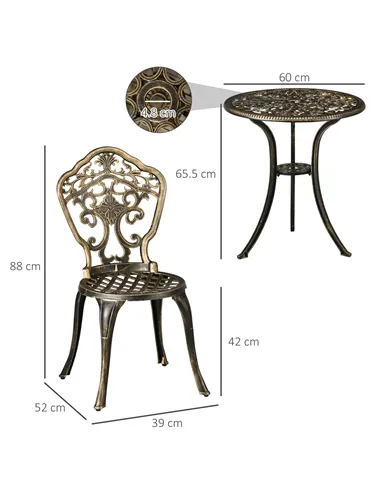 Outsunny 3 Piece Cast Aluminium Garden Bistro Set for 2 with Parasol Hole, Outdoor Coffee Table Set, Two Armless Chairs and Roun