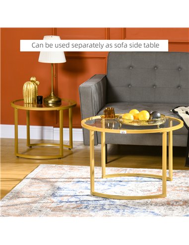 HOMCOM Coffee Table Set of 2, Modern Nest of Tables with Tempered Glass Top, Steel Frame for Living Room, Gold Tone