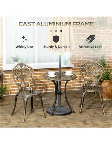 Outsunny 3 Piece Cast Aluminium Garden Bistro Set for 2 with Parasol Hole, Outdoor Coffee Table Set, Two Armless Chairs and Roun