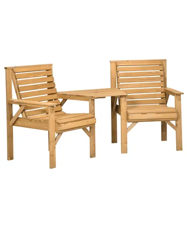 Outsunny Wooden Garden Love Seat, 2 Seater Jack & Jill Companion Seat with Coffee Table and Parasol Hole, Partner Bench, Table a