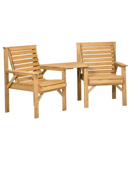 Outsunny Wooden Garden Love Seat, 2 Seater Jack & Jill Companion Seat with Coffee Table and Parasol Hole, Partner Bench, Table a