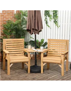 Outsunny Wooden Garden Love Seat, 2 Seater Jack & Jill Companion Seat with Coffee Table and Parasol Hole, Partner Bench, Table a 2