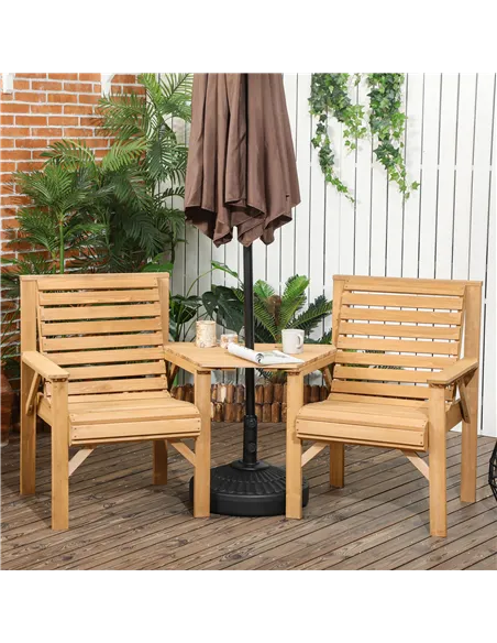 Outsunny Wooden Garden Love Seat, 2 Seater Jack & Jill Companion Seat with Coffee Table and Parasol Hole, Partner Bench, Table a