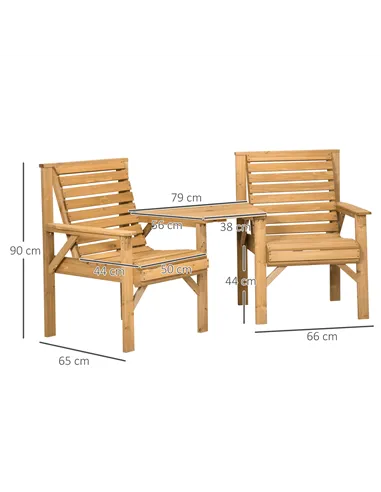 Outsunny Wooden Garden Love Seat, 2 Seater Jack & Jill Companion Seat with Coffee Table and Parasol Hole, Partner Bench, Table a