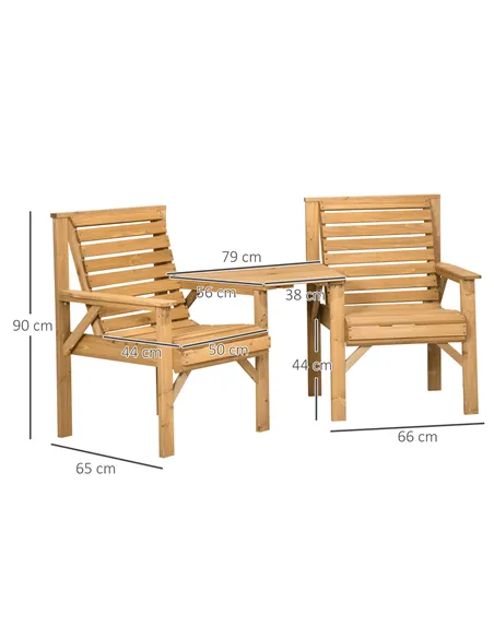 Outsunny Wooden Garden Love Seat, 2 Seater Jack & Jill Companion Seat with Coffee Table and Parasol Hole, Partner Bench, Table a