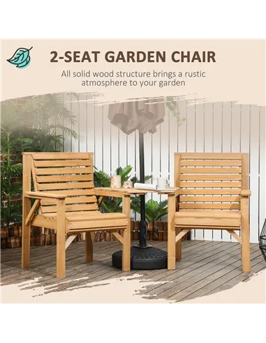 Outsunny Wooden Garden Love Seat, 2 Seater Jack & Jill Companion Seat with Coffee Table and Parasol Hole, Partner Bench, Table a