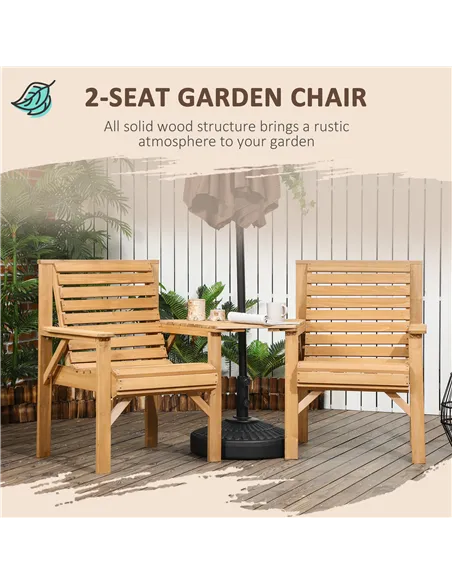 Outsunny Wooden Garden Love Seat, 2 Seater Jack & Jill Companion Seat with Coffee Table and Parasol Hole, Partner Bench, Table a