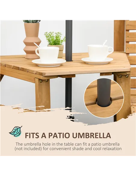 Outsunny Wooden Garden Love Seat, 2 Seater Jack & Jill Companion Seat with Coffee Table and Parasol Hole, Partner Bench, Table a