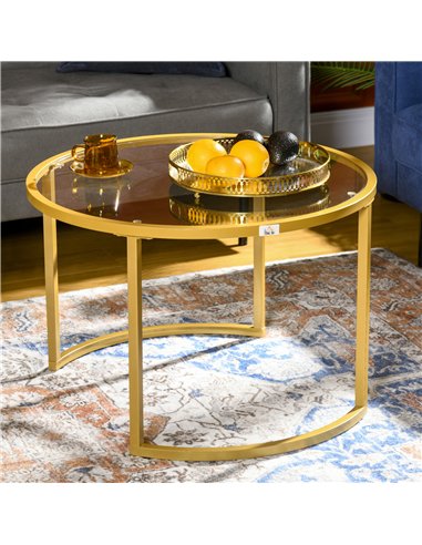 HOMCOM Coffee Table Set of 2, Modern Nest of Tables with Tempered Glass Top, Steel Frame for Living Room, Gold Tone