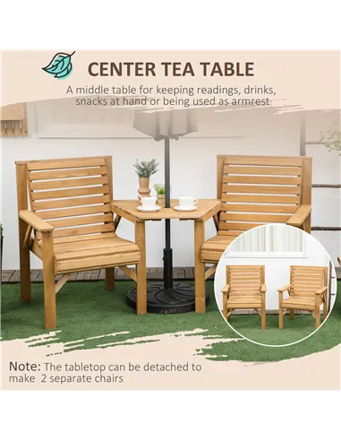 Outsunny Wooden Garden Love Seat, 2 Seater Jack & Jill Companion Seat with Coffee Table and Parasol Hole, Partner Bench, Table a