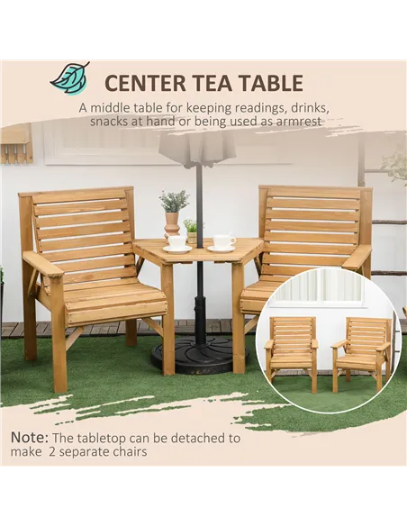 Outsunny Wooden Garden Love Seat, 2 Seater Jack & Jill Companion Seat with Coffee Table and Parasol Hole, Partner Bench, Table a