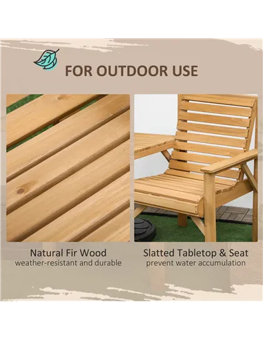 Outsunny Wooden Garden Love Seat, 2 Seater Jack & Jill Companion Seat with Coffee Table and Parasol Hole, Partner Bench, Table a